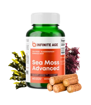 Infinite Age Sea Moss Advanced supplement bottle with its original product ingredients arrangement